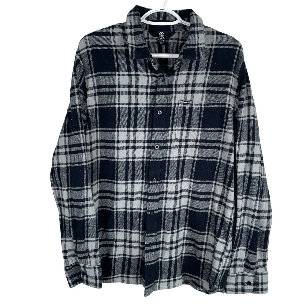 Volcom Flannel Button Up Shirt Mens M Black Plaid Long Sleeve Cotton - Picture 2 of 6